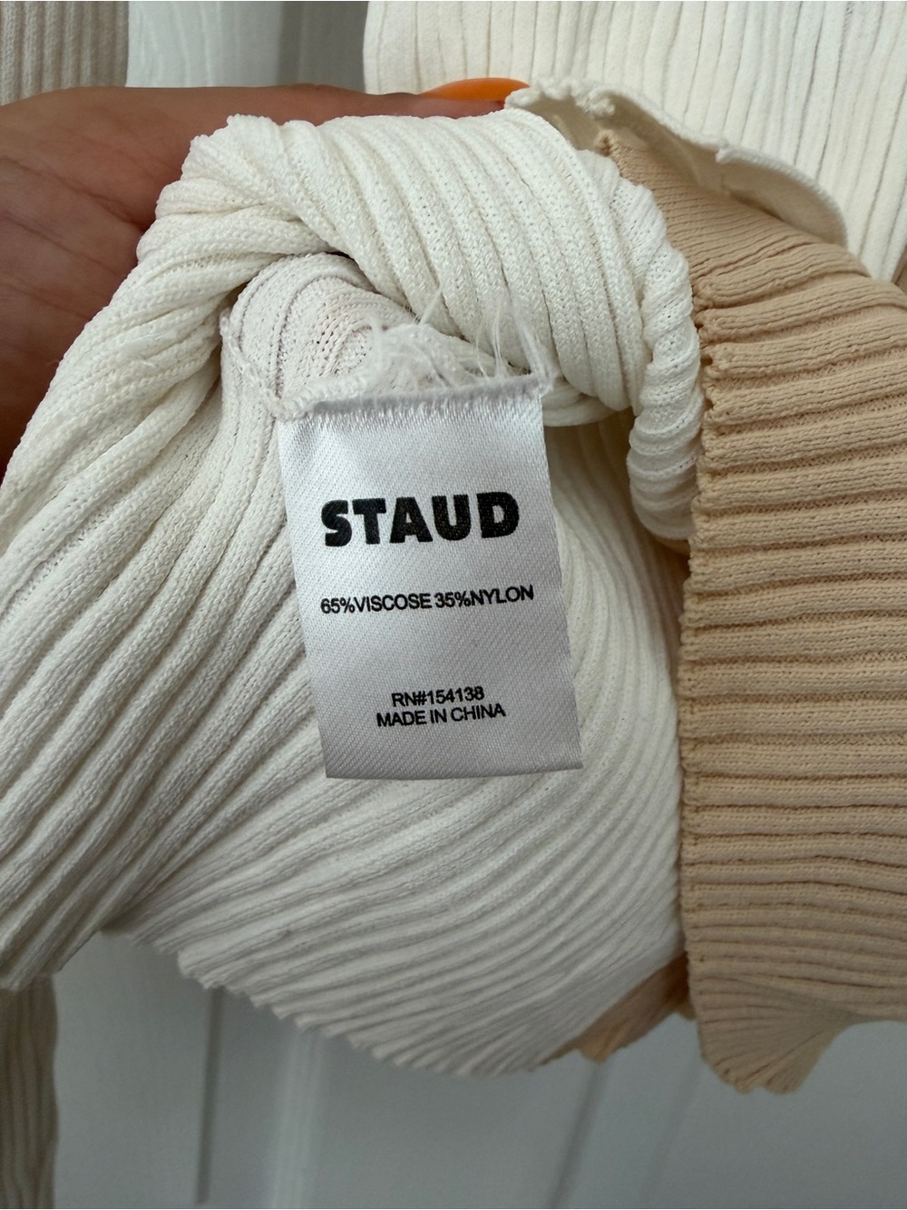 STAUD Two-Tone Ribbed V-Neck Cardigan - Cream & Tan - Picture 6 of 6